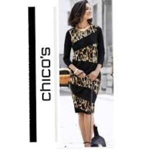 Chico's Dress XS Womens 3/4 Sleeves Knee Length Animal Print Black